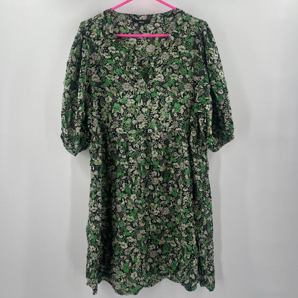 Ellos Dress Size 18 Green Black Floral Print Notch Neck Empire Puff Sleeve Plus - Picture 15 of 15